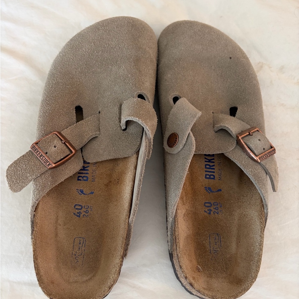 Birkenstock Taupe Suede Clogs with Copper Buckles